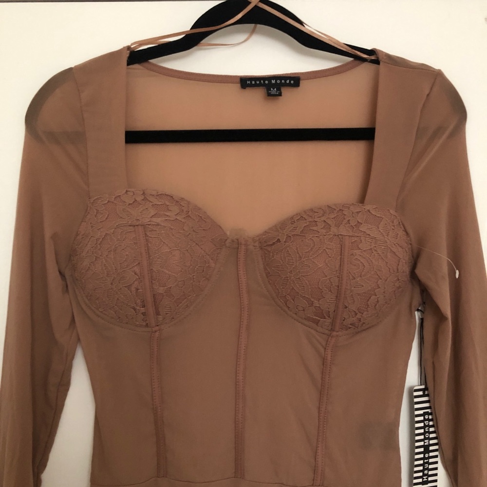 Nude Tan Bodysuit Sheer With Corset Style Bodice by Haute Monde Size Medium - Picture 1 of 9